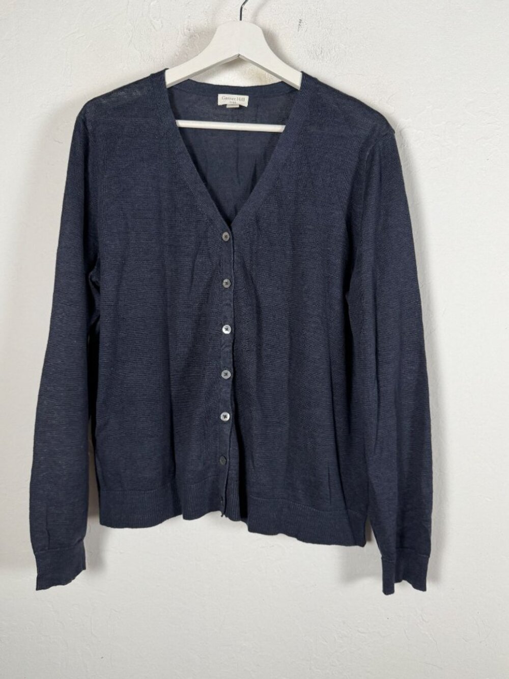 Garnet Hill Womens Navy Blue 100% Linen V-Neck Button Cardigan Sweater XL Casual